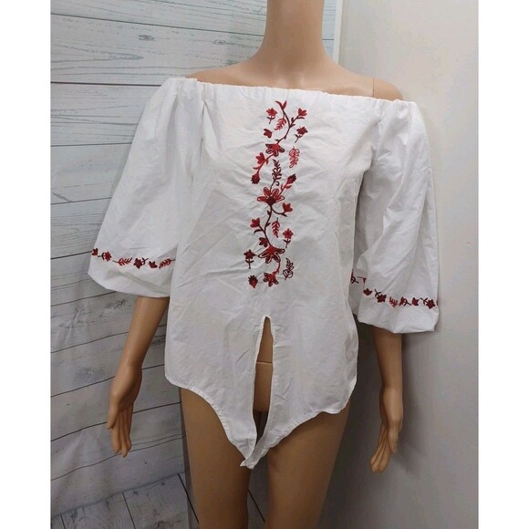 Beach lunch lounge 100% cotton white Embroidery Ballon sleeve blouse M Tie Front - Picture 1 of 9